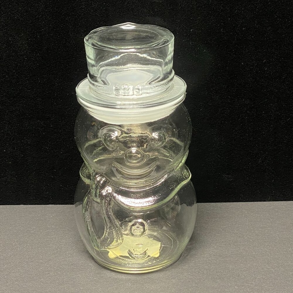 Glass Snowman-Shaped Jar With Airtight Lid Christmas Decor Goodies Libbey